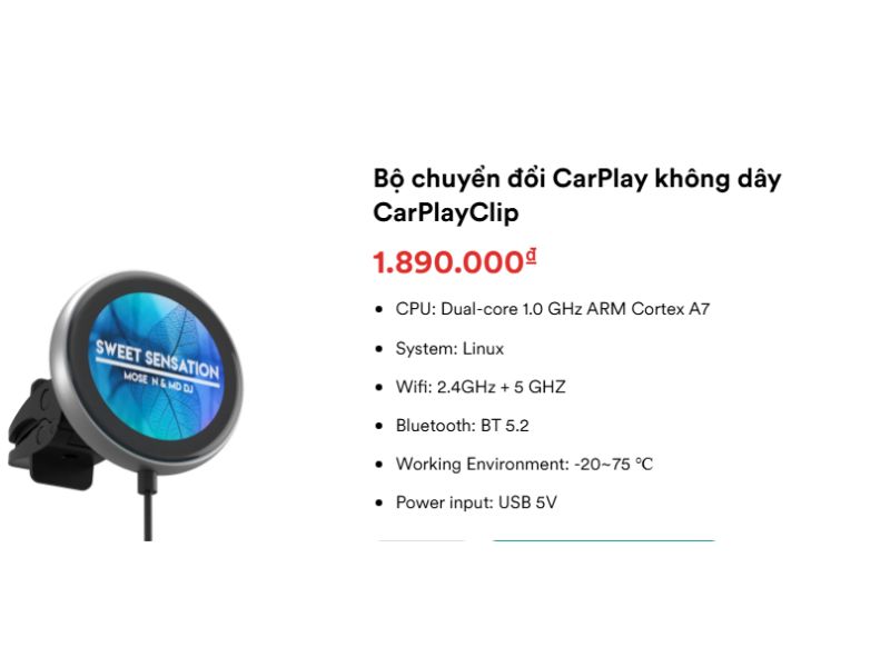 Thông số kỹ thuật và giá bán bộ chuyển đổi CarPlay không dây CarPlayClip như thế nào?
